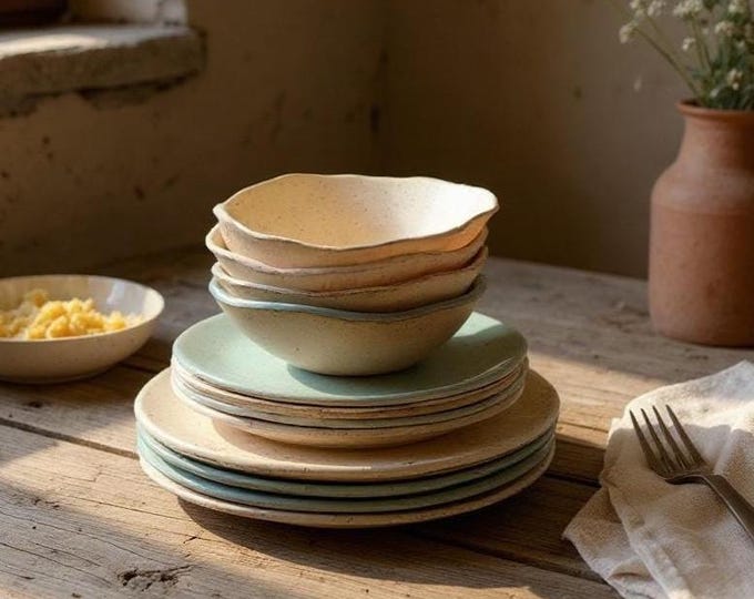 12pc Dinnerware set, Rustic, Pottery Plates, Very Rustic, Set for 4, Hand formed, farmhouse table, rustic tableware,