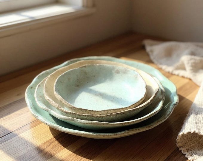 Nesting Bowl Set,4,Rustic Pottery Bowls, Very Rustic, Set of 4, Hand formed, custom glaze, farmhouse table, rustic tableware,