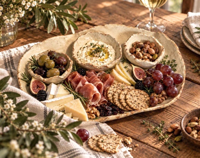 Gather & Graze Pottery Serving Set, Handmade Charcuterie Platter, Stoneware Appetizer Set, Grazing Board, Rustic Farmhouse Tableware