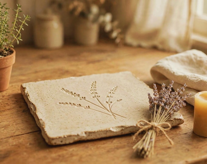 Handmade Ceramic Trivet with Lavender Impression — Square Stoneware Hot Pad, Farmhouse Kitchen Decor, Wedding Anniversary Gift