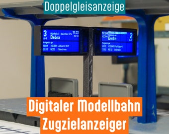Digital, customizable train destination indicator for model railways, central platform, two tracks, black