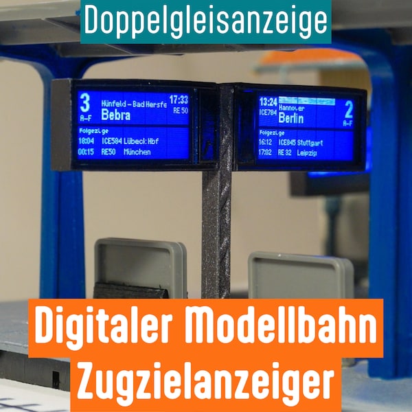 Digitaler, personalisierbarer Zugzielanzeiger für Modellbahnen, Mittelbahnsteig, zwei Gleise, Schwarz