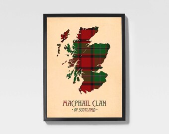 Clan Macphail Tartan Print | Maroon & Brown Scottish Map Art