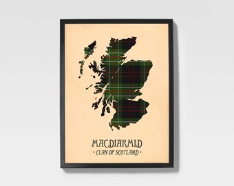 Clan Macdiarmid Tartan Print / Arte del mapa escocés verde y marrón