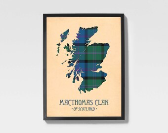 Clan Macthomas Tartan Print | Blue & Grey Scottish Map Art