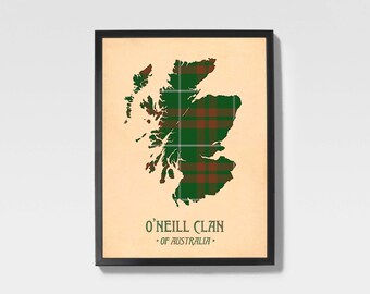 Clan O'neill Tartan Print | Green & Brown Scottish Map Art
