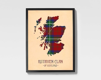 Clan Ruthven Tartan Print | Maroon & Red Scottish Map Art