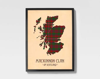 Clan Mackinnon Tartan Print | Maroon & Brown Scottish Map Art