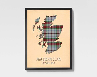 Clan Macbean Tartan Print | Maroon & Green Scottish Map Art