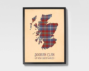 Stampa tartan Doohan / Opera d'arte di famiglia scozzese nei toni del bordeaux e del rosso