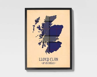 Clan Lloyd Tartan Print | Navy & Blue Scottish Map Art
