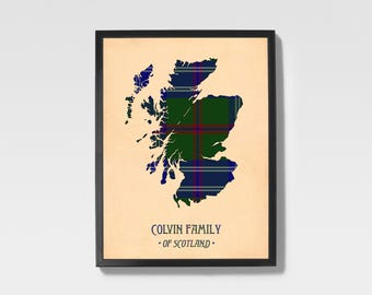 Estampado de tartán Colvin / Obra de arte familiar escocesa en verde y azul marino