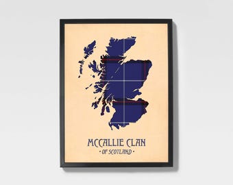 Clan Mccallie Tartan Print | Navy & Purple Scottish Map Art