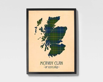 Clan Mcavoy Tartan Print | Green & Black Scottish Map Art