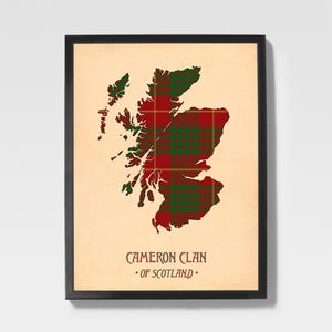 Impressão do Tartan do Clã Cameron | Arte com Mapa Escocês em Vermelho e Marrom