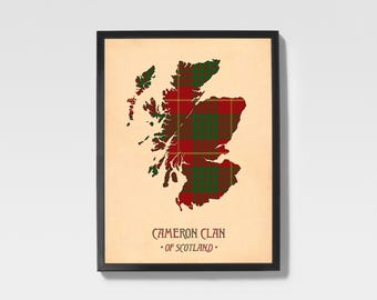 Clan Cameron Tartan Print | Red & Brown Scottish Map Art