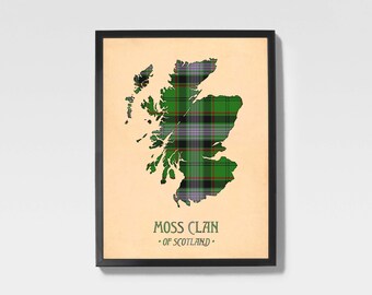 Clan Moss Tartan Print | Green & Grey Scottish Map Art