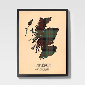 Impressão do Tartan Cameron | Arte com Mapa Escocês em Tons de Bordô e Marrom