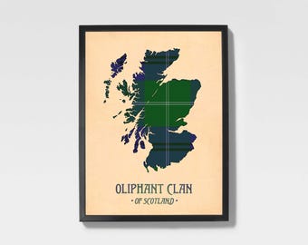 Clan Oliphant Tartan Print | Green & Navy Scottish Map Art