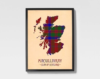 Clan Macgillivray Tartan Druck | Rot & Braun Schottische Karte Kunst