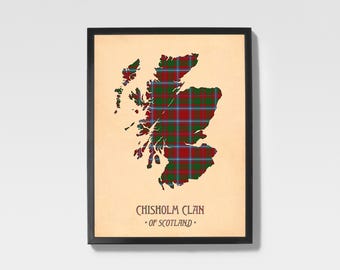 Clan Chisholm Tartan Print | Red & Brown Scottish Map Art