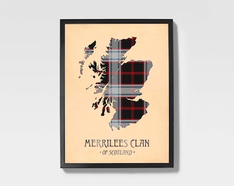 Clan Merrilees Tartan Print | Maroon & Grey Scottish Map Art