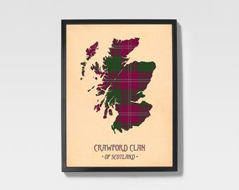 Clan Crawford Tartan Print | Maroon & Brown Scottish Map Art