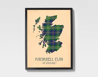 Stampa tartan del Clan Macorrell / Mappa scozzese verde e blu navy
