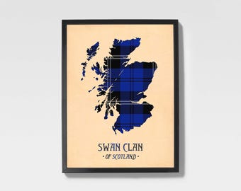 Clan Schwan Tartan Druck | Navy & Black Scottish Map Art