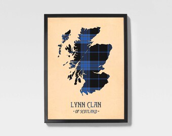 Clan Lynn Tartan Print | Blue & Black Scottish Map Art