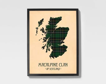 Clan Macalpine Tartan Print | Green & Brown Scottish Map Art
