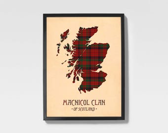 Clan Macnicol Tartan Print | Maroon & Brown Scottish Map Art