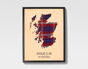 Clan Ainslie Schotse ruitprint | Kastanjebruine en marineblauwe Schotse kaartkunst
