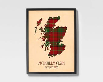 Clan Mcinally Tartan Print | Red & Maroon Scottish Map Art