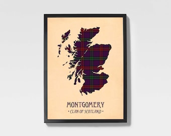 Clan Montgomery Tartan Print | Purple & Maroon Scottish Map Art