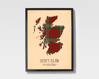 Clan Scott Tartan Druck | Braun & Kastanienbraun Scottish Map Art