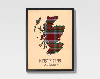 Clan Mcbain Tartan Print | Brown & Maroon Scottish Map Art