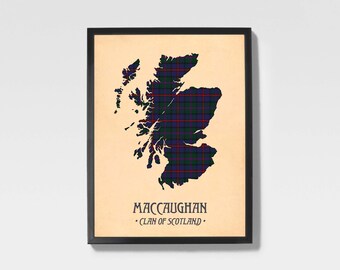 Clan Maccaughan Tartan Print | Navy & Purple Scottish Map Art