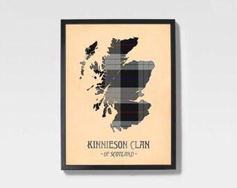 Clan Kinnieson Tartan Print | Grey & Black Scottish Map Art