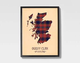 Clan Ogilvy Tartan Print | Red & Maroon Scottish Map Art