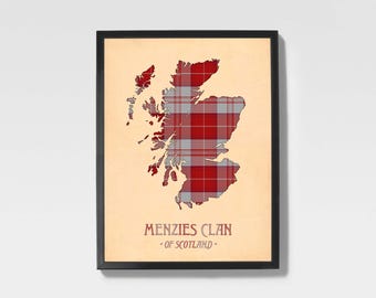 Clan Menzies Tartan Druck | Rot & Kastanienbraun Scottish Map Art