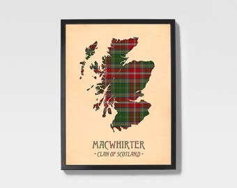 Clan Macwhirter Tartan Druck | Kastanienbraune & Grüne Schottische Landkarte Art