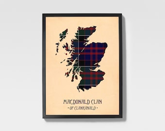 Estampado de tartán del clan Macdonald / Mapa escocés en azul marino y granate