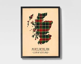 Clan Maclachlan Tartan Print | Brown & Maroon Scottish Map Art