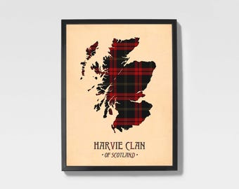 Clan Harvie Tartan Print | Maroon & Black Scottish Map Art