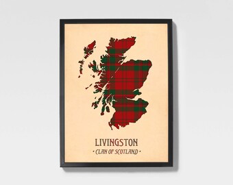 Clan Livingston Tartan Print | Brown & Maroon Scottish Map Art