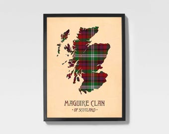 Clan Maguire Tartan Print | Maroon & Brown Scottish Map Art
