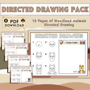 Könnte beinhalten: Ein digitaler Download-Pack mit dem Titel "DIRECTED DRAWING PACK" mit Anweisungen zum Zeichnen von Waldtieren. Das Paket enthält 10 Seiten mit angeleiteten Zeichenaktivitäten. Das Bild zeigt Schritt-für-Schritt-Anleitungen zum Zeichnen eines Fuchses und anderer Tiere.