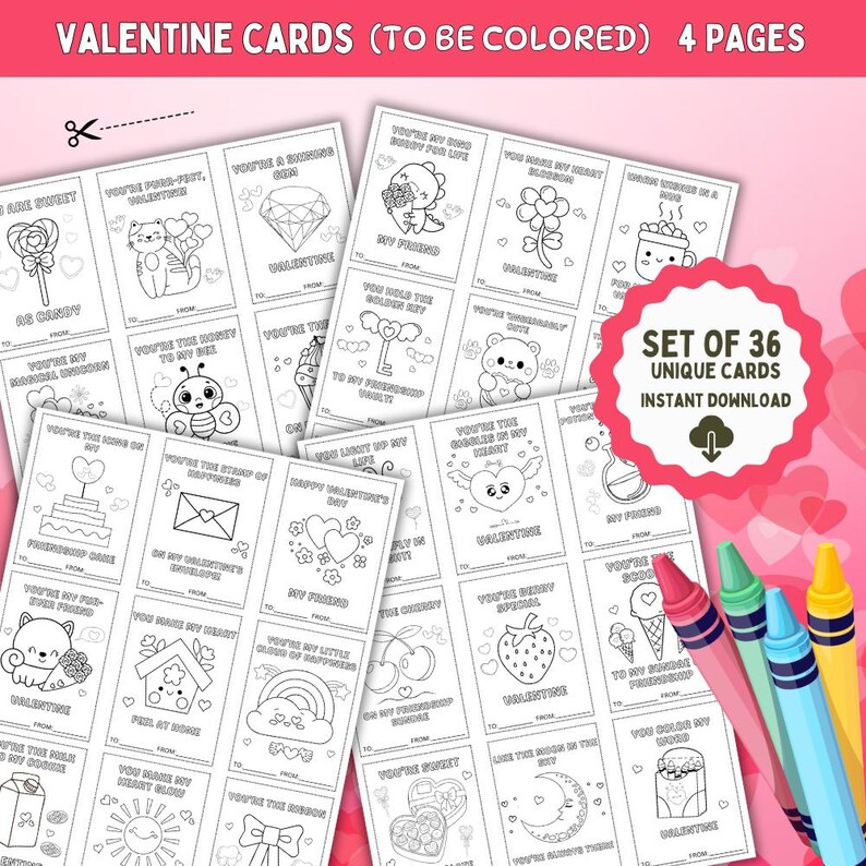 Valentine Coloring Cards Printable Kids Classroom Exchange DIY Color ...
