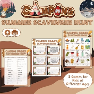 May include: A camping-themed summer scavenger hunt game for kids. The image features a logo with the word "Camping", a checklist, and cards with clues. The game includes a list of items to find and illustrations of camping gear.